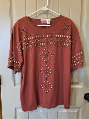 Vintage Ashley Hill Beaded T-Shirt XL Terracotta Rust Boho Wood Bead Embellished